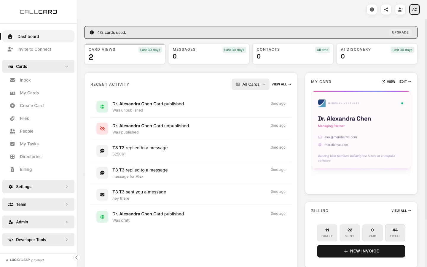 CallCard dashboard — stats, recent activity, contacts